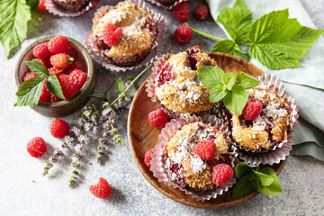 Healthy dessert. Vegan gluten-free pastry. Oatmeal banana muffins with raspberry and coconut flakes...