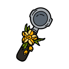 A cute hand drawn filter holder (horn) for a coffee maker. Color image of coffee cone with flowers. Vector illustration.