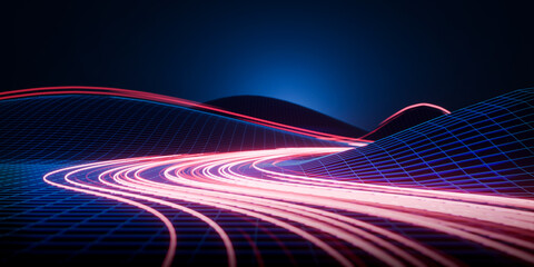 3d rendering neon wireframe landscape with mountain and red light trails.