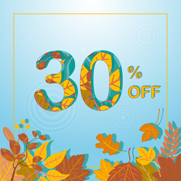 Autumn Sale background, banner, poster or flyer design. Bright beautiful yellow leaves are above the water. Vector with text 30% discount. Autumn sale for advertising, fashion, shop windows.