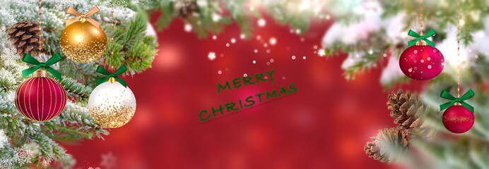 Obraz na płótnie Canvas Merry Christmas tree and red ball on festive blurred background 