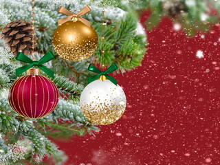 Obraz na płótnie Canvas Christmas tree and red ball on festive blurred holiday background banner template copy space 