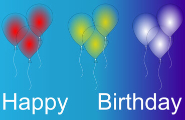 Colorful glowing balloons on a blue background with the inscription happy birthday
