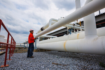 Male worker inspection at steel long pipes and pipe elbow in station oil factory during refinery...