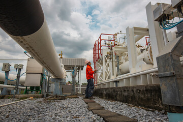 Obraz premium Male worker inspection at steel long pipes and pipe elbow in station oil factory during refinery valve of visual check record pipeline