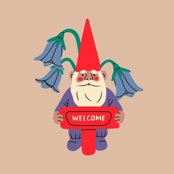 Garden gnome with welcome sign and flowers. Hand drawn modern Vector isolated illustration. Poster, card, print, design template. Cute fairy tale character. Garden elf. Cartoon style