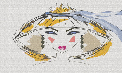 Girl in a summer hat with a blue ribbon and long earrings. Cubism. Contemporary art 