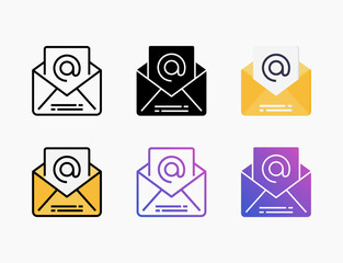 Email with Arroba icon set with different styles. Style line, outline, flat, glyph, color, gradient. Can be used for digital product, presentation, print design and more.