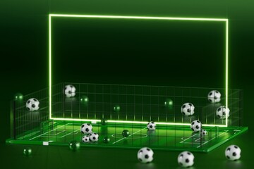 football 3d object in the abstract background, arena concept design, copy space, 3d illustration, glow neon light text frame, 3d rendering element, soccer game sport, sports equipment, realistic ball