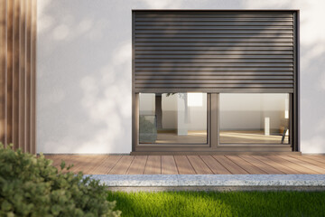 Window roller - modern house with terrace, 3D illustration - obrazy, fototapety, plakaty