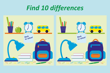 Educational game for kids. Back to school. Find 10 differences in the pictures. 