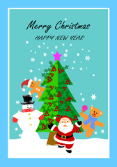 Fototapeta na wymiar Santa Claus and friends cheerful at Chrismas time with snow,wallpaper,card,greeting.