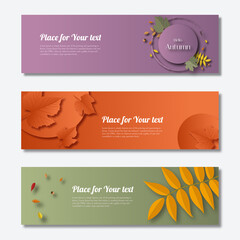 Set of elegant Autumn web banner. Vector illustration template with colorful leaves, for sale advertising. Autumn leaves background with space for text.
