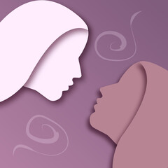 Two women together on violet background. Idea of human rights, equality and sisterhood. Vector illustration web banner