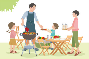 家族団欒　バーベキューする親子