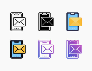 Phone Mail icon set with different styles. Style line, outline, flat, glyph, color, gradient. Can be used for digital product, presentation, print design and more.
