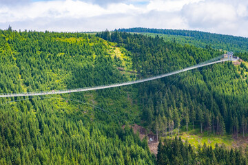 Sky Bridge 721 is the longest suspension bridge between two hills in the forest, Dolni Morava, Czech Republic . One way footbridge in touristic place in the forest in summer. 