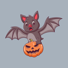Cute Bat Cartoon Holding Pumpkin. Bat Mascot Cartoon Character. Halloween Icon Concept . Flat Cartoon Style Suitable for Web Landing Page, Banner, Flyer, Sticker, Card