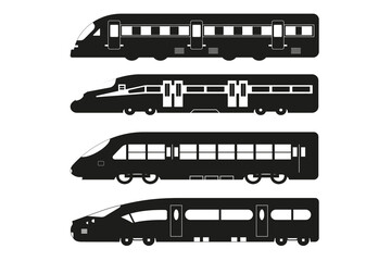 Set of black train icon,silhouettes illustration, isolated sign symbol on white background, silhouettes set transportation,railroad and railway, metro and subway, vector for websites,app and buttons