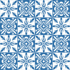Azulejo ceramic tiles retro motif for interior decor, blue indigo geometric vector Illustration