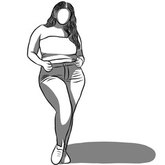 Body positive concept.Woman plus size.Confident obese women on over white background.Line drawing of cartoon character with illustration in flat design.