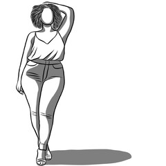 Body positive concept.Woman plus size.Confident obese women on over white background.Line drawing of cartoon character with illustration in flat design.