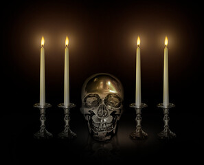 Iron skull and Candle light on a candlestick on a black background, Halloween day concept