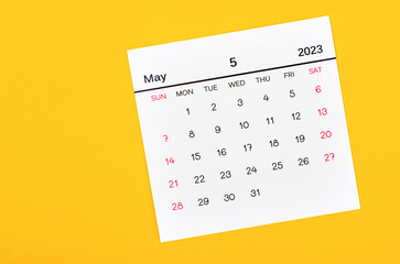 The May 2023 Monthly calendar for 2023 year on yellow background.