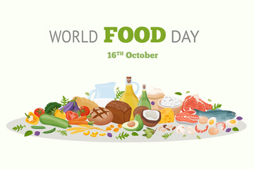 World Food Day. Different fresh food on banner or greeting card. Vector illustration - obrazy, fototapety, plakaty
