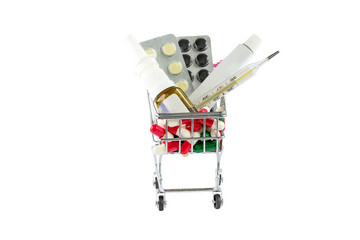 on a white background, a cart is filled with various medicines