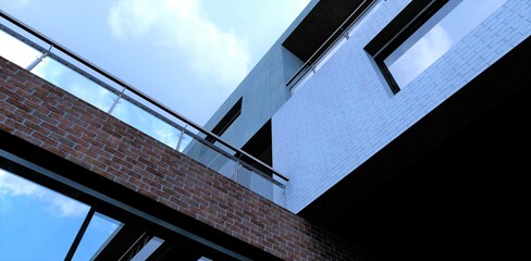 Obraz premium View from below on the facade of a traditional office building finished with decorative bricks and concrete. Panoramic reflective windows and glass railings of terraces. 3d render.