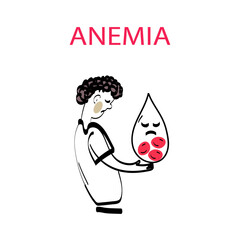 A man holds a drop of blood with a low sugar reading. Hypoglycemia and anemia concept. Vector doodle illustration.