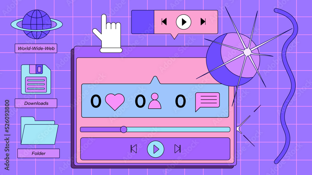 Poster Set of user interface elements in retro y2k vaporwave style.
