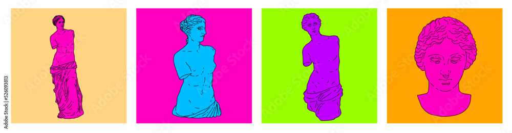 Poster Set of linear minimal illustrations of Venus statues. Modern art for print design. 