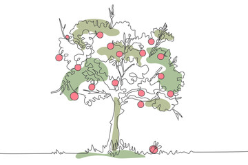 Forest gardet tree. Hand drawn icon continuous line drawing and green flat silhouette. Ecological trendy grafic concept One single line design. Outline simple image black and white Vector