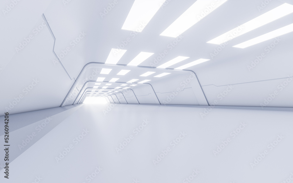 Poster empty white tunnel with futuristic style, 3d rendering.