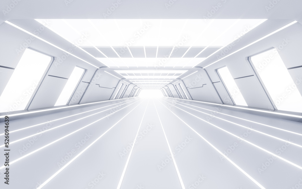 Poster empty white tunnel with futuristic style, 3d rendering.
