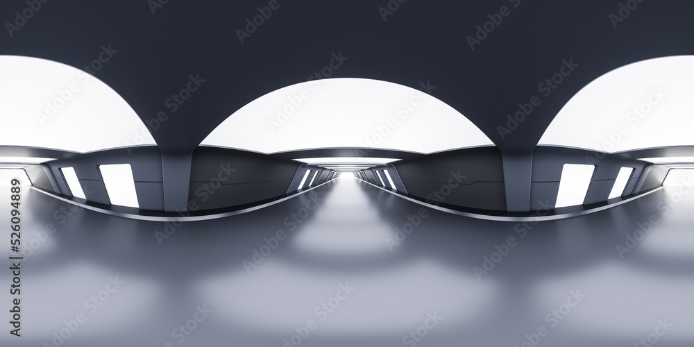 Poster empty tunnel with futuristic style, 3d rendering. 360-degree seamless panoramic view.