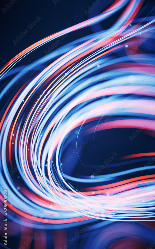 Poster flowing curves with glowing neon lines, 3d rendering.