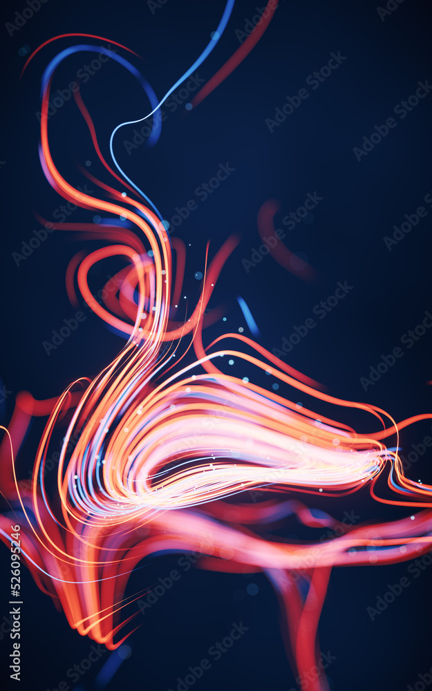 Poster flowing curves with glowing neon lines, 3d rendering.