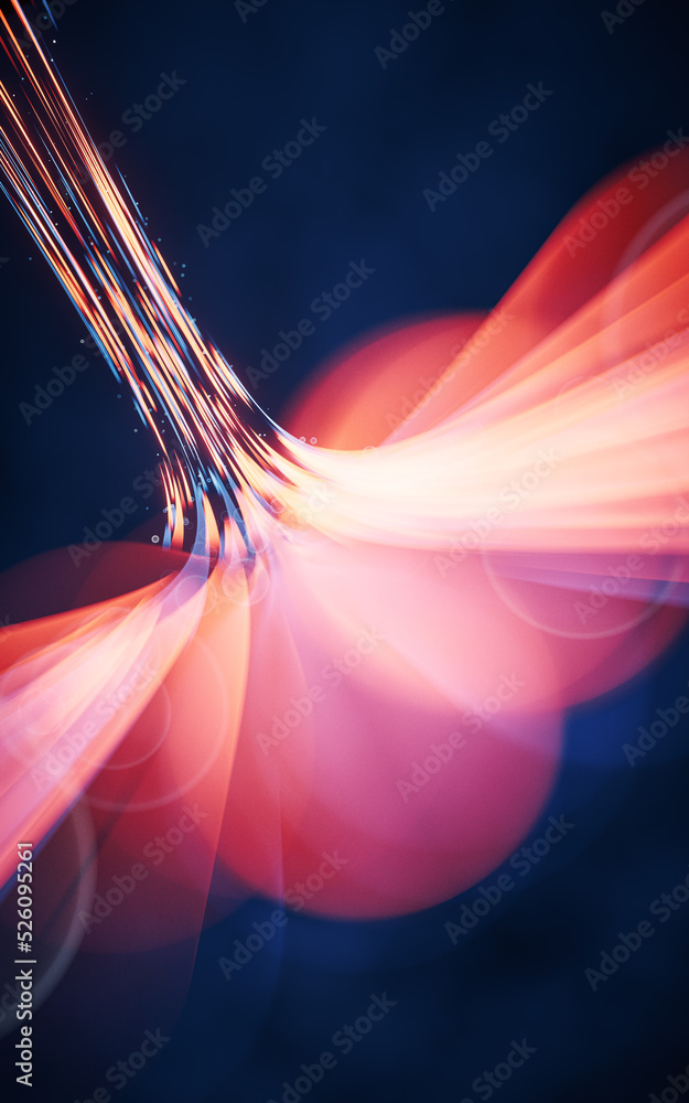 Poster flowing curves with glowing neon lines, 3d rendering.
