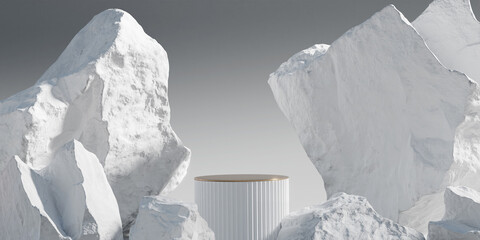 3D background, stone podium display. Beauty cosmetic product promotion white pedestal with gold. Natural rough rock and sun shadow.  Concrete gray abstract showcase. Minimal studio 3D render.  
