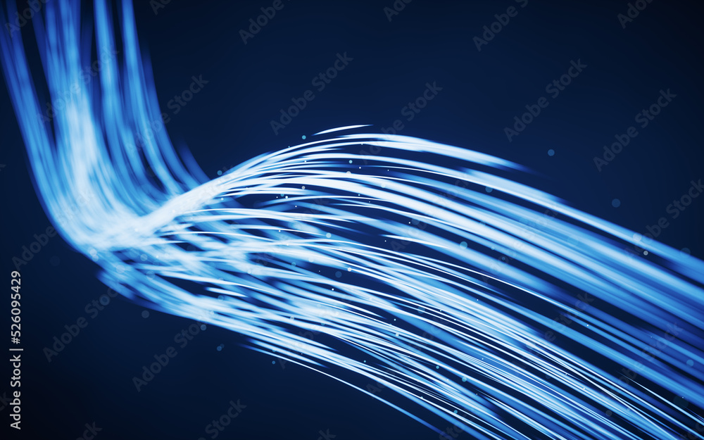 Poster flowing curves with glowing neon lines, 3d rendering.