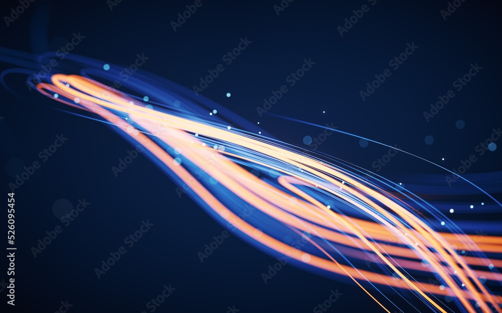 Poster flowing curves with glowing neon lines, 3d rendering.