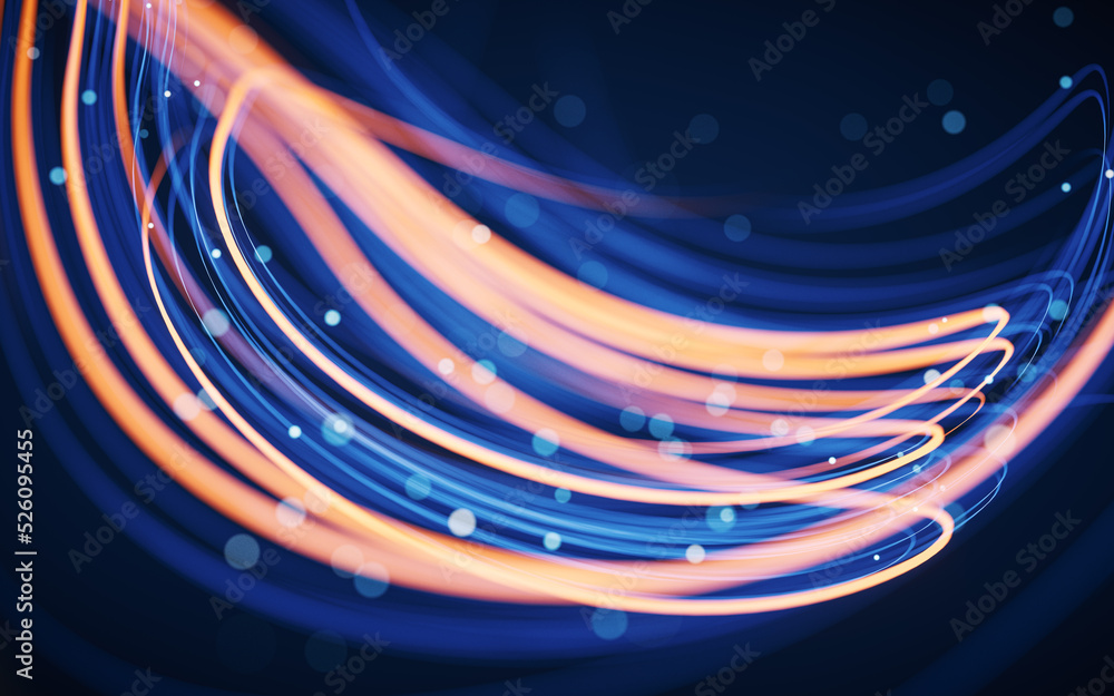 Poster flowing curves with glowing neon lines, 3d rendering.