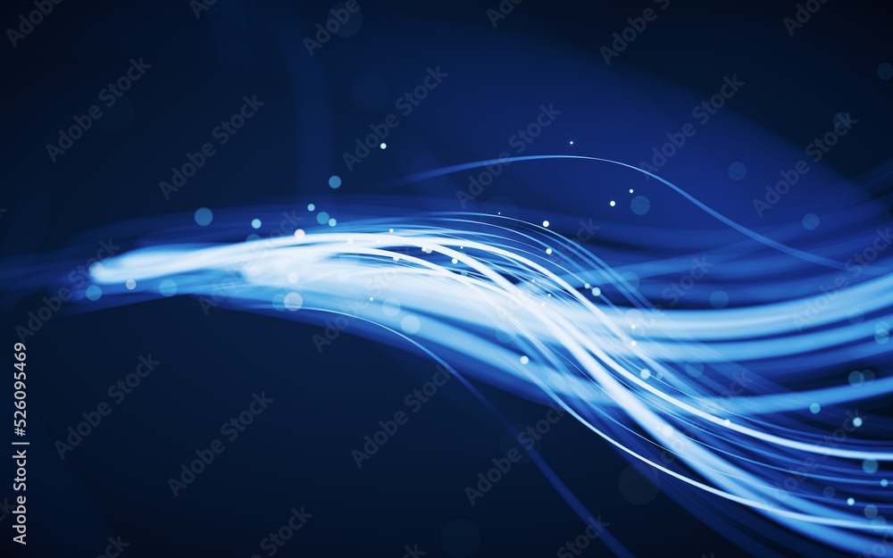 Poster flowing curves with glowing neon lines, 3d rendering.
