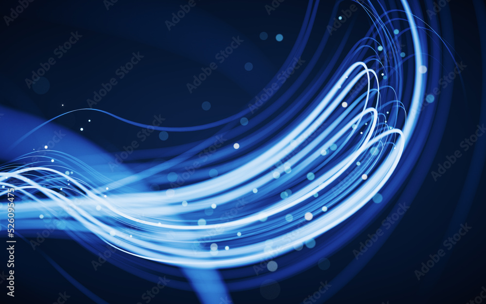 Poster flowing curves with glowing neon lines, 3d rendering.