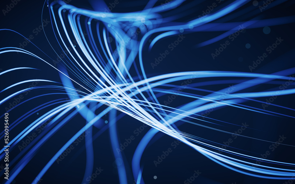 Poster flowing curves with glowing neon lines, 3d rendering.