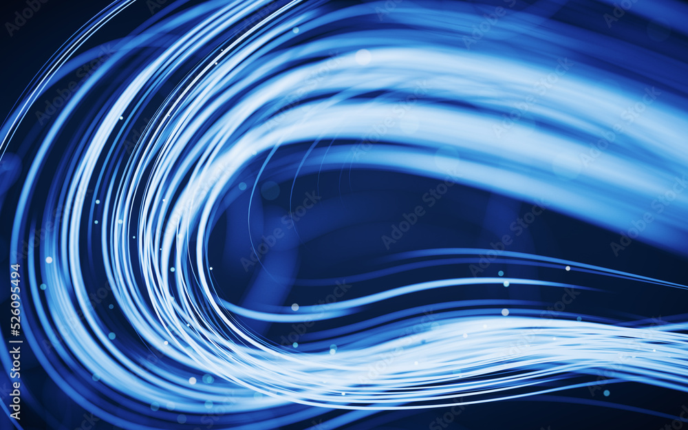 Poster flowing curves with glowing neon lines, 3d rendering.