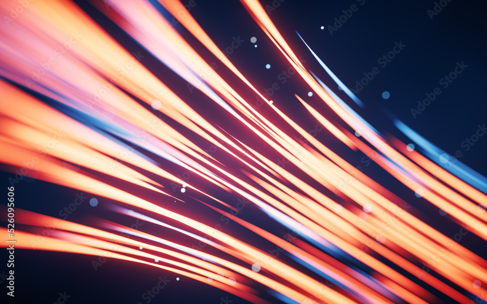 Poster flowing curves with glowing neon lines, 3d rendering.